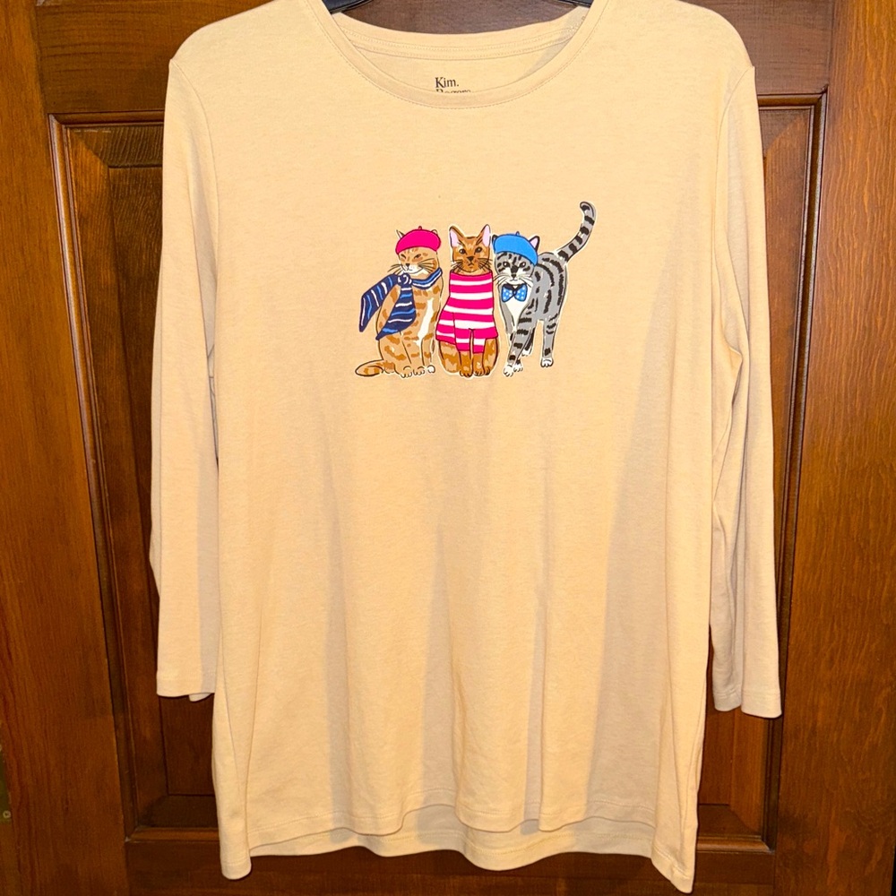 Kim Rogers Perfectly Soft size L 3/4 Sleeve Cat Graphic Top NWOT Beige crew-neck - Picture 3 of 16